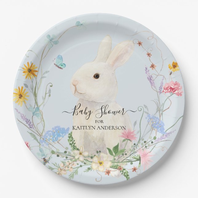 Wildflower Floral Watercolor Rabbit Bee Butterfly Paper Plate (Front)