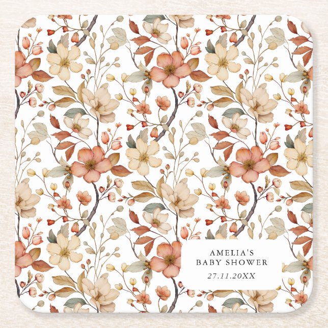 Wildflower Floral White  Boho Baby Shower Square Paper Coaster (Front)