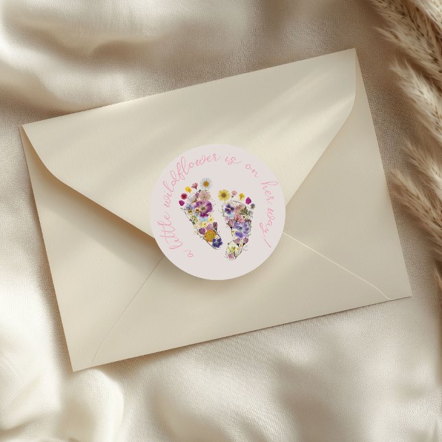 Wildflower Footprints Pink Girl Baby Shower Classic Round Sticker (Pressed Wildflower footprints pink floral feet personalized cute baby girl  shower envelope stickers)