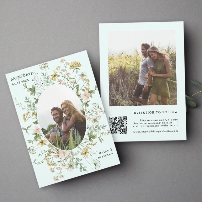 Wildflower Frame 2 Photo Wedding QR Code Mint Save The Date (Creator Uploaded)