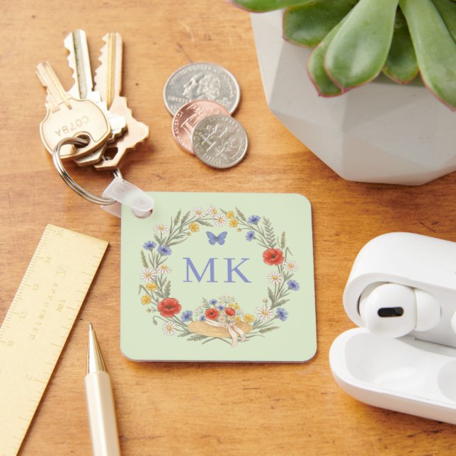 Wildflower Frame Butterfly Monogram Sage Keychain (Desk)