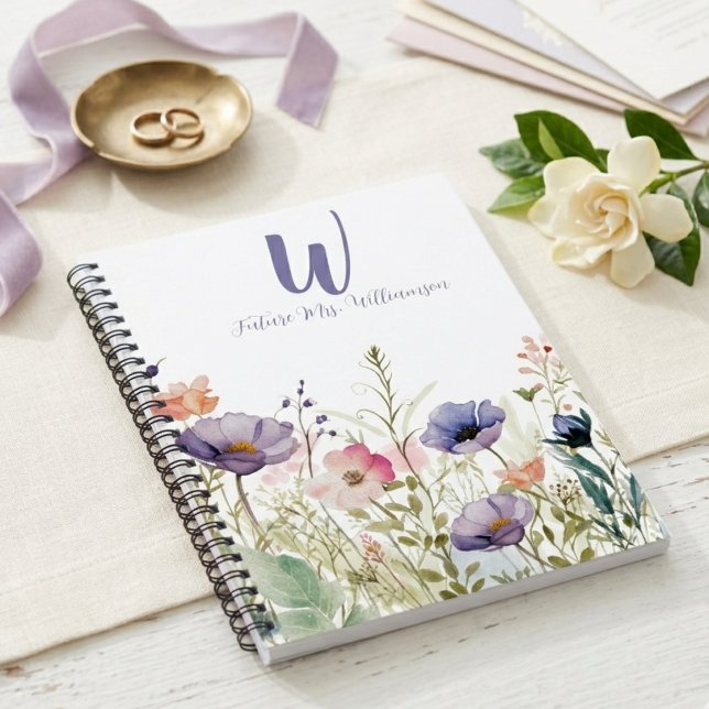 Wildflower Future Mrs Monogram Elegant Purple Notebook (Watercolor wildflower notebook for a future Mrs to use as a wedding planning journal.)
