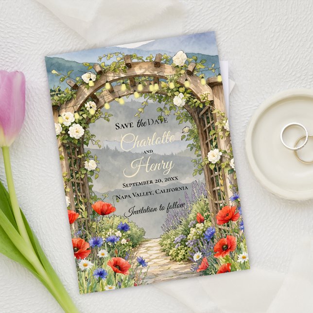 Wildflower Garden Arbor Rustic Outdoor Wedding Save The Date (Wildflower Garden Arbor Save the Date | Rustic Outdoor Wedding Announcement)