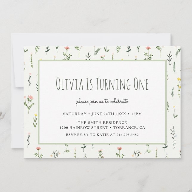 Wildflower Garden Girl 1st Birthday Invitation (Front)