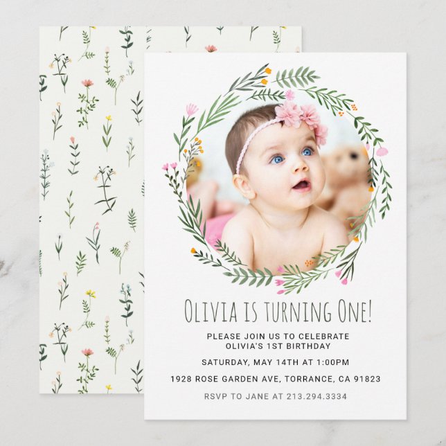 Wildflower Garden Girl 1st Birthday Invitation (Front/Back)