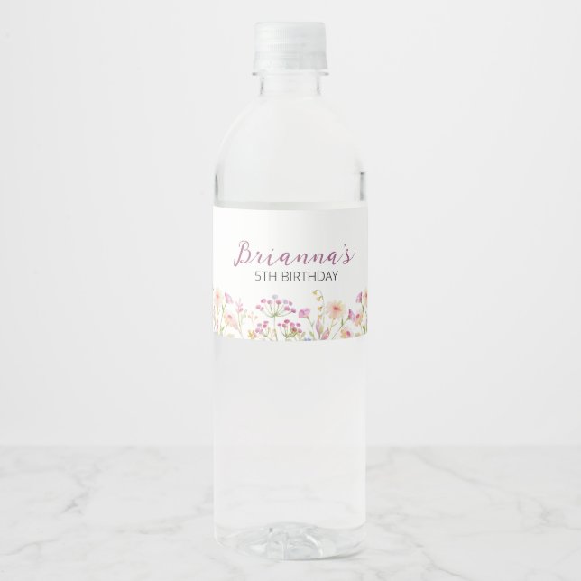 Wildflower Garden Girl watercolor Birthday Party Water Bottle Label (Front)