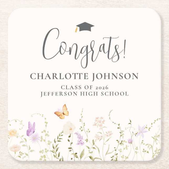 Wildflower Garden Party Graduation Tableware Square Paper Coaster (Front)