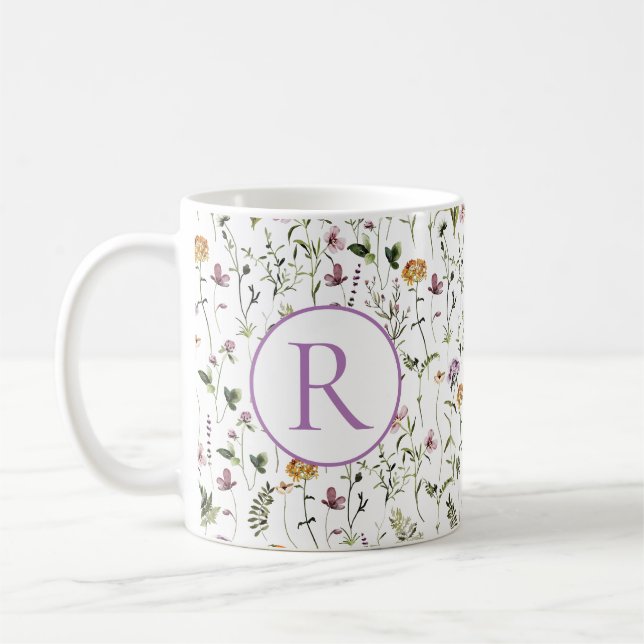 Wildflower Garden Pattern Custom Initial Letter  Coffee Mug (Left)