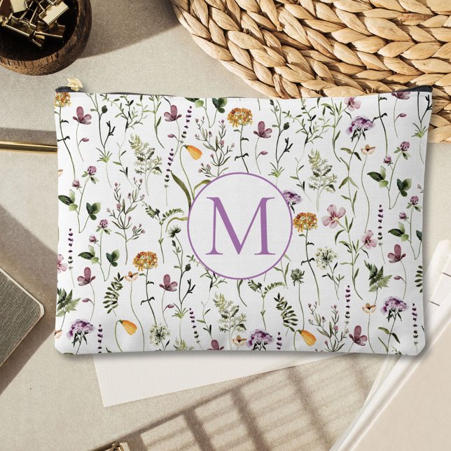 Wildflower Garden Pattern Custom Monogram Accessory Pouch (In situ, on table)