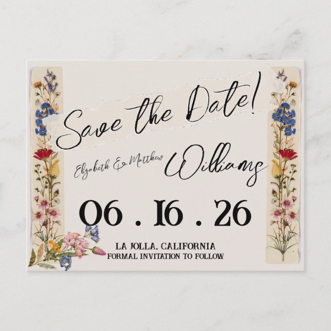 WildFlower Garden Vintage Wedding Save The Date Postcard (Front)