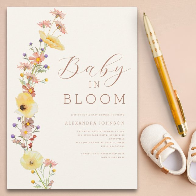 Wildflower Gender Neutral Fall Baby Shower Invitation (Baby in bloom elegant watercolor wildflowers baby shower invitation )