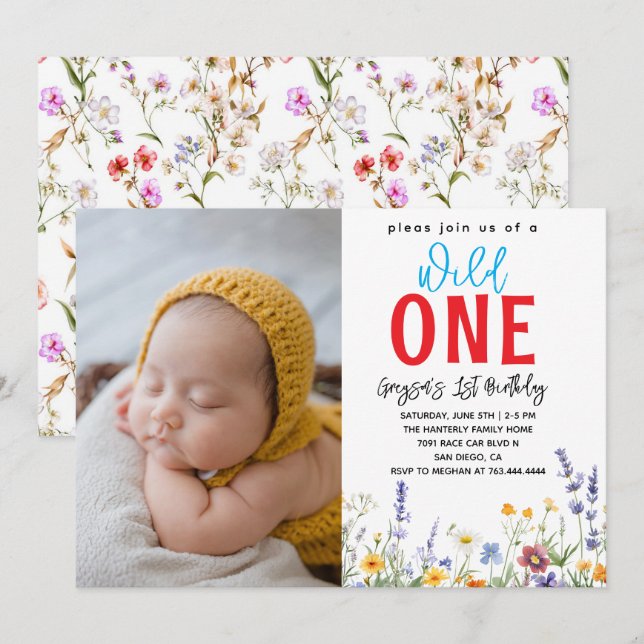 Wildflower Girl 1st Birthday Party Invitation (Front/Back)
