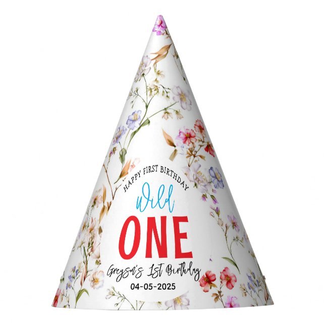 Wildflower Girl 1st Birthday Party Party Hat (Front)
