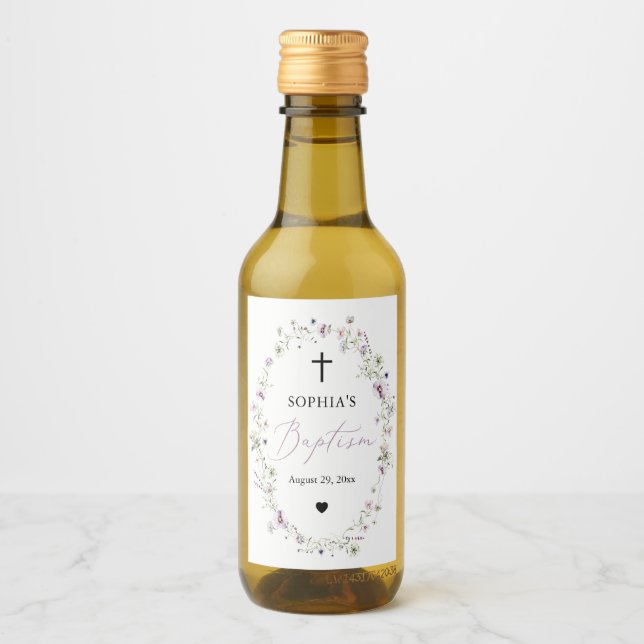 Wildflower Girl Baptism Mini Wine Bottle Labels (Front)