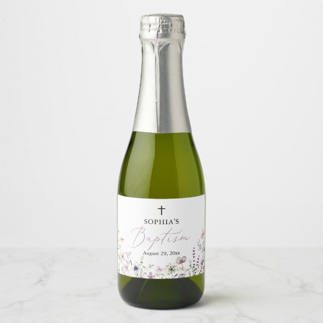 Wildflower Girl Baptism Sparkling Wine Bottle Labe Label (Front)
