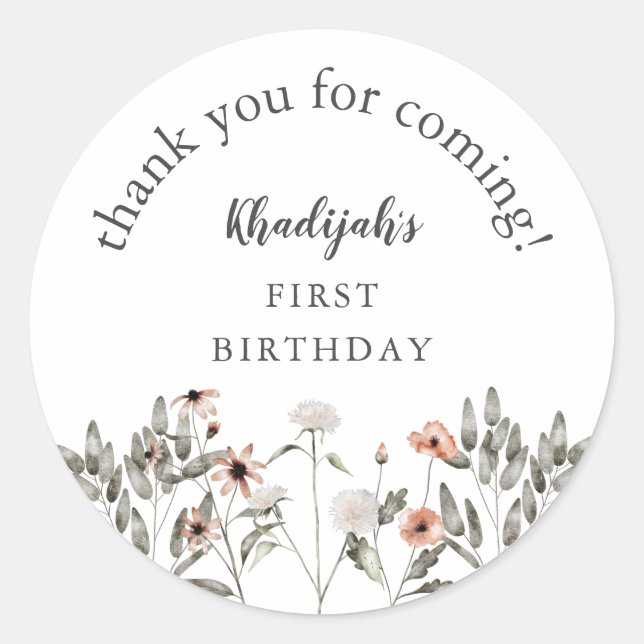 Wildflower Girl Birthday Party Favour  Classic Round Sticker (Front)