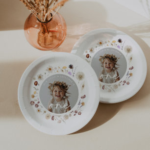Wildflower Girl Photo 1st Birthday Paper Plate