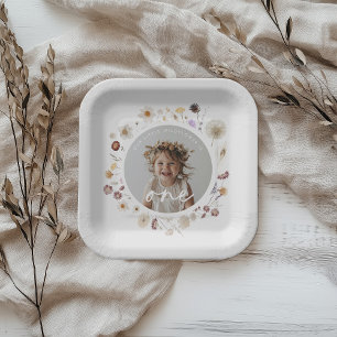 Wildflower Girl Photo 1st Birthday Paper Plate