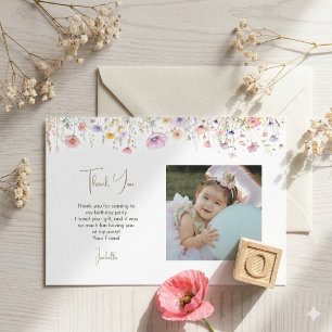 Wildflower Girls 1st Birthday Square Party Photo Thank You Card