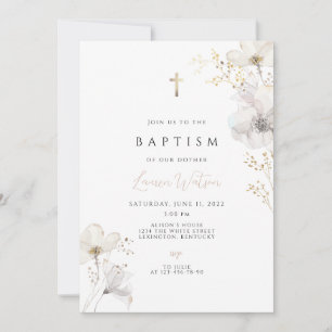 Wildflower gold cross Baptism Invitation