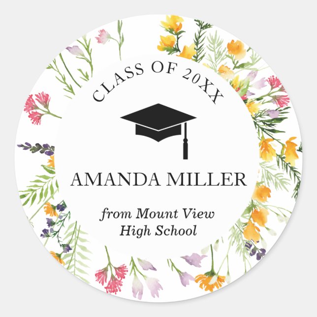 Wildflower graduate personalized graduation classic round sticker (Front)