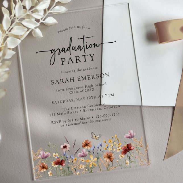 Wildflower Graduation Acrylic Invitation (Wildflower Graduation Acrylic Party Invitation with Butterfly by Painted Paperie
)
