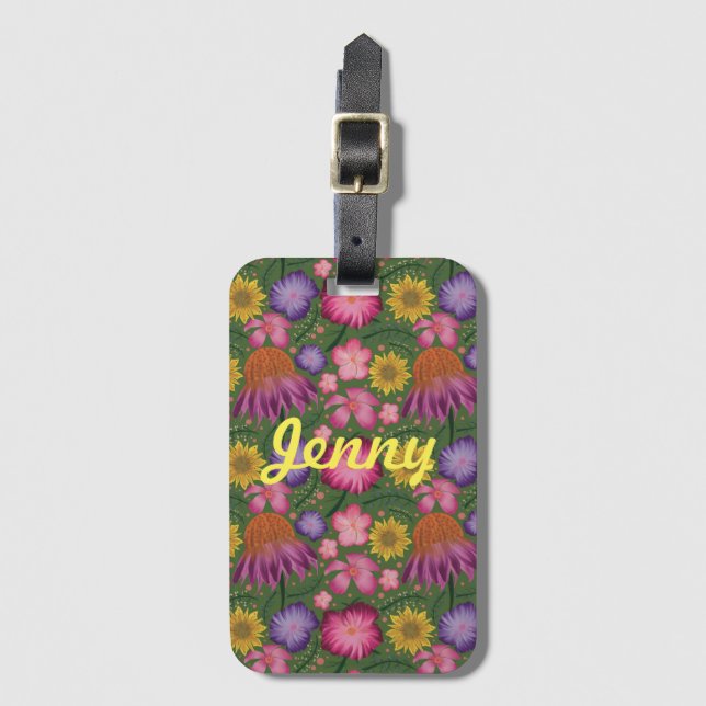 Wildflower Green Floral Personalized  Luggage Tag (Front Vertical)