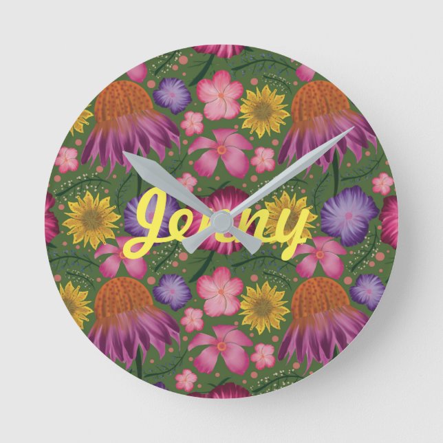 Wildflower Green Floral Personalized  Round Clock (Front)