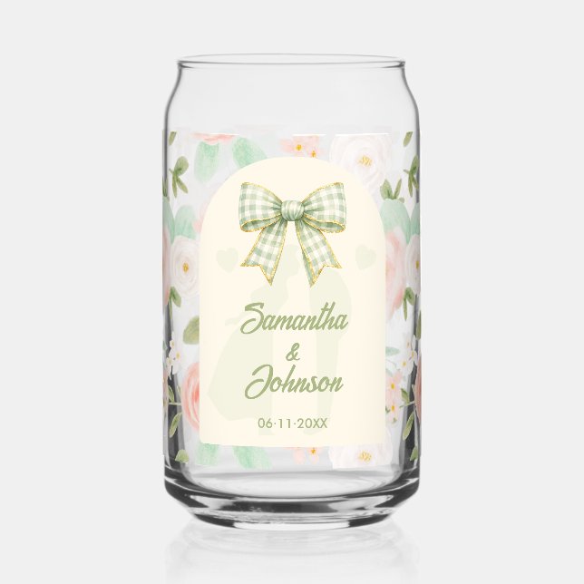 Wildflower Green Gingham Bow Wedding Can Glass (Left)