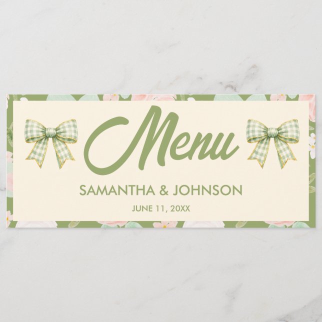 Wildflower Green Gingham Bow Wedding Dinner Menu (Front)
