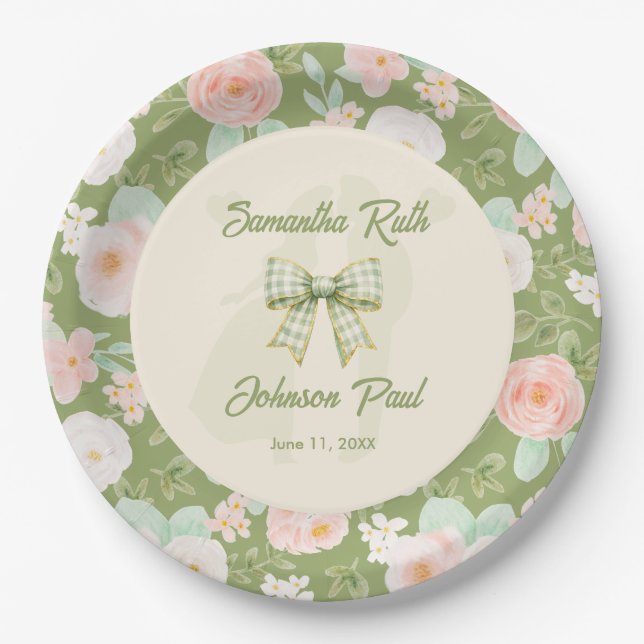  Wildflower Green Gingham Bow Wedding Paper Plate (Front)