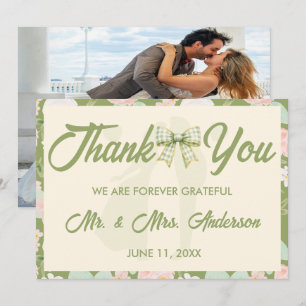 Wildflower Green Gingham Bow Wedding Photo Thank You Card