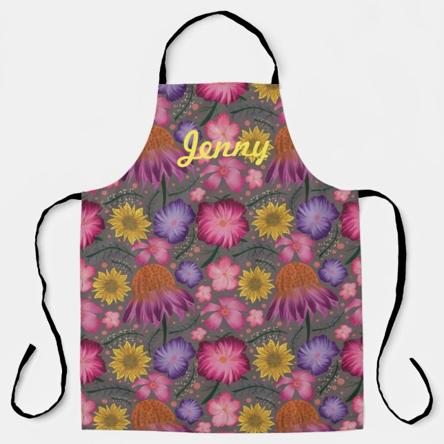 Wildflower Grey Floral Personalized Apron (Front)