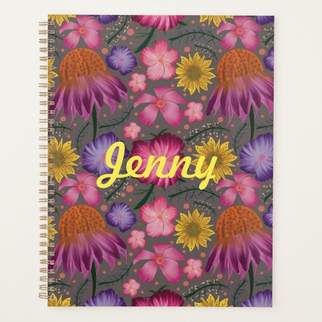 Wildflower Grey Floral Personalized Planner (Front)