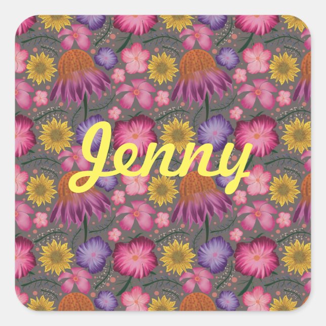 Wildflower Grey Floral Personalized Square Sticker (Front)