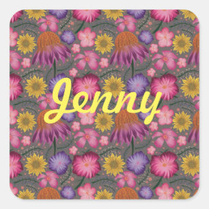 Wildflower Grey Floral Personalized Square Sticker