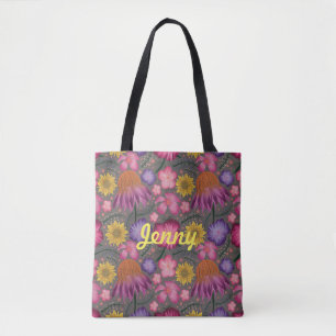 Wildflower Grey Floral Personalized Tote Bag
