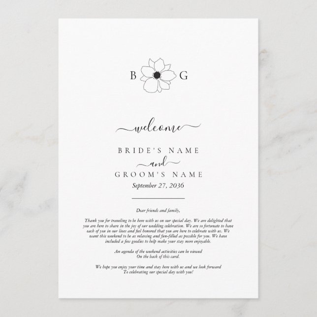 Wildflower Hand-Drawn Monogram Wedding Itinerary Program (Front)