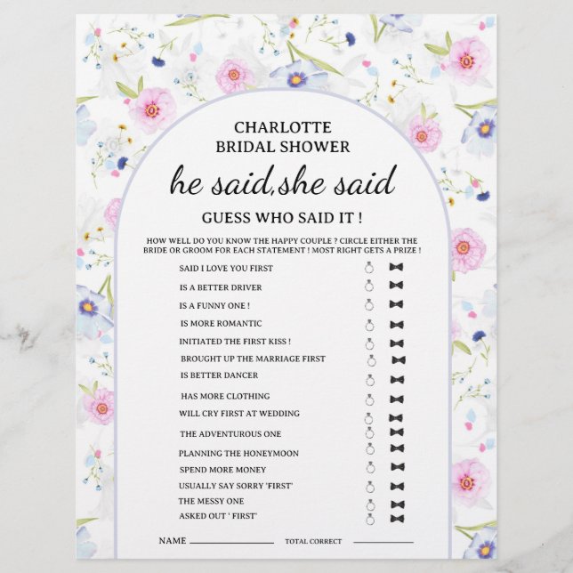 Wildflower He said She said Bridal Shower Game  Flyer (Front)