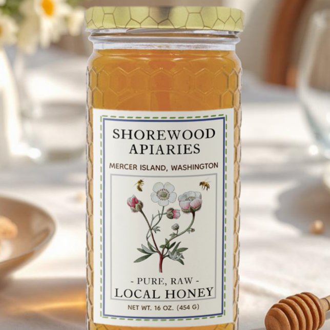 Wildflower Honey 2x3" Realistic Bees Dashed Border Food Label (Creator Uploaded)