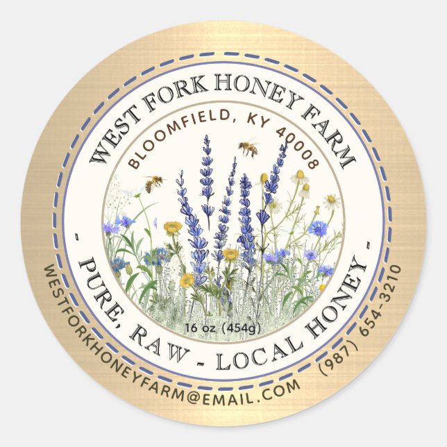 Wildflower Honey Label Bees and Dashed Border Gold (Front)