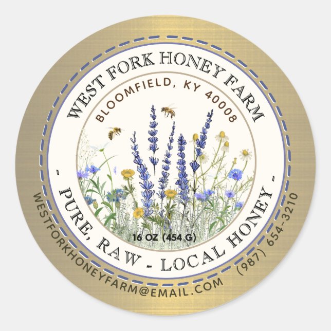 Wildflower Honey Label Bees and Dashed Border Gold (Front)