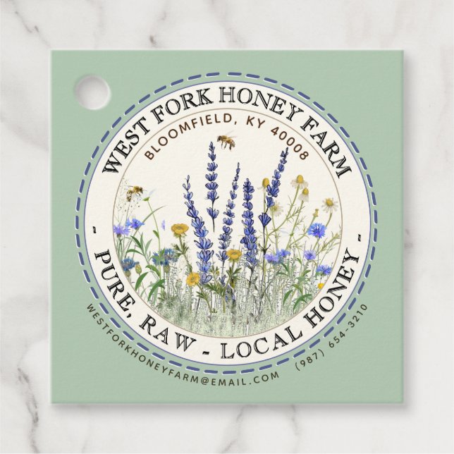 Wildflower Honey Label with Bees Dashed Border (Front)