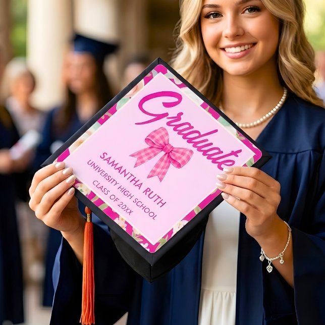 Wildflower Hot Pink Gingham Bow Graduation Cap Topper (Creator Uploaded)