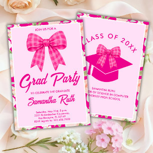 Wildflower Hot Pink Gingham Bow Graduation Party Invitation