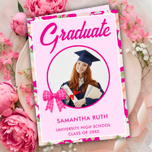 Wildflower Hot Pink Gingham Bow Photo Graduation Card