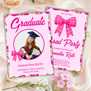 Wildflower Hot Pink Gingham Bow Photo Graduation Invitation