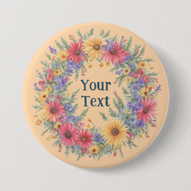 Wildflower-Inspired Floral Wreath Lapel Accessory 3 Inch Round Button (Front)