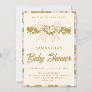 Wildflower Ivory Gingham Bow Baby Shower Invitation