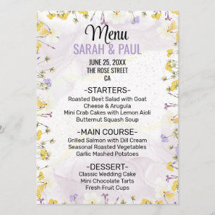 Wildflower Lavender and Yellow Floral Wedding Menu